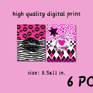 May include: Six digital printable sheets with a pink, black, and white color scheme. The designs include lips, zebra stripes, leopard print, hearts, stars, and checkered patterns. The sheets are 8.5 by 11 inches.