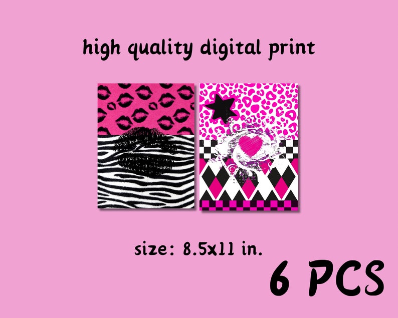 May include: Six digital printable sheets with a pink, black, and white color scheme. The designs include lips, zebra stripes, leopard print, hearts, stars, and checkered patterns. The sheets are 8.5 by 11 inches.