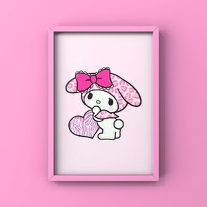 May include: A pink and white cartoon rabbit holding a pink and white heart with a zebra print. The rabbit is wearing a pink and white bow and a pink and white hat with a leopard print. The image is in a pink frame.