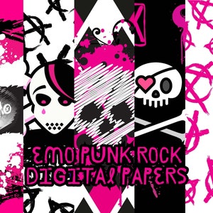May include: A digital paper pack with five different designs featuring skulls, hearts, and anarchy symbols in black, white, and pink. The text "Emo Punk Rock Digital Papers" is displayed in pink.