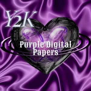 Può includere: Immagine di arte digitale con un cuore viola e nero, circondato da un anello. Il testo "Y2K" è in alto, e "Purple Digital Papers" è scritto sotto il cuore, il tutto su uno sfondo viola.