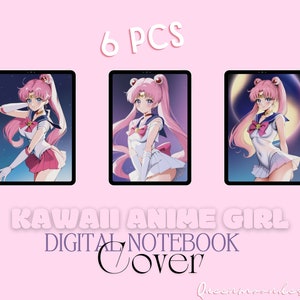 Puede incluir: Seis portadas de cuaderno digital con una chica de anime de pelo rosa con uniforme de marinero. Las portadas están diseñadas con una estética kawaii y presentan un fondo de luna y estrellas.