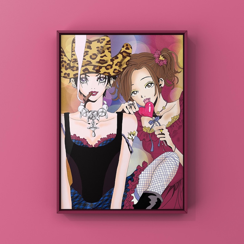 May include: Two anime characters, one wearing a leopard print cowboy hat and a black and blue dress, the other wearing a red dress with white lace and fishnet stockings. The character in the red dress is holding a pink heart-shaped lollipop.