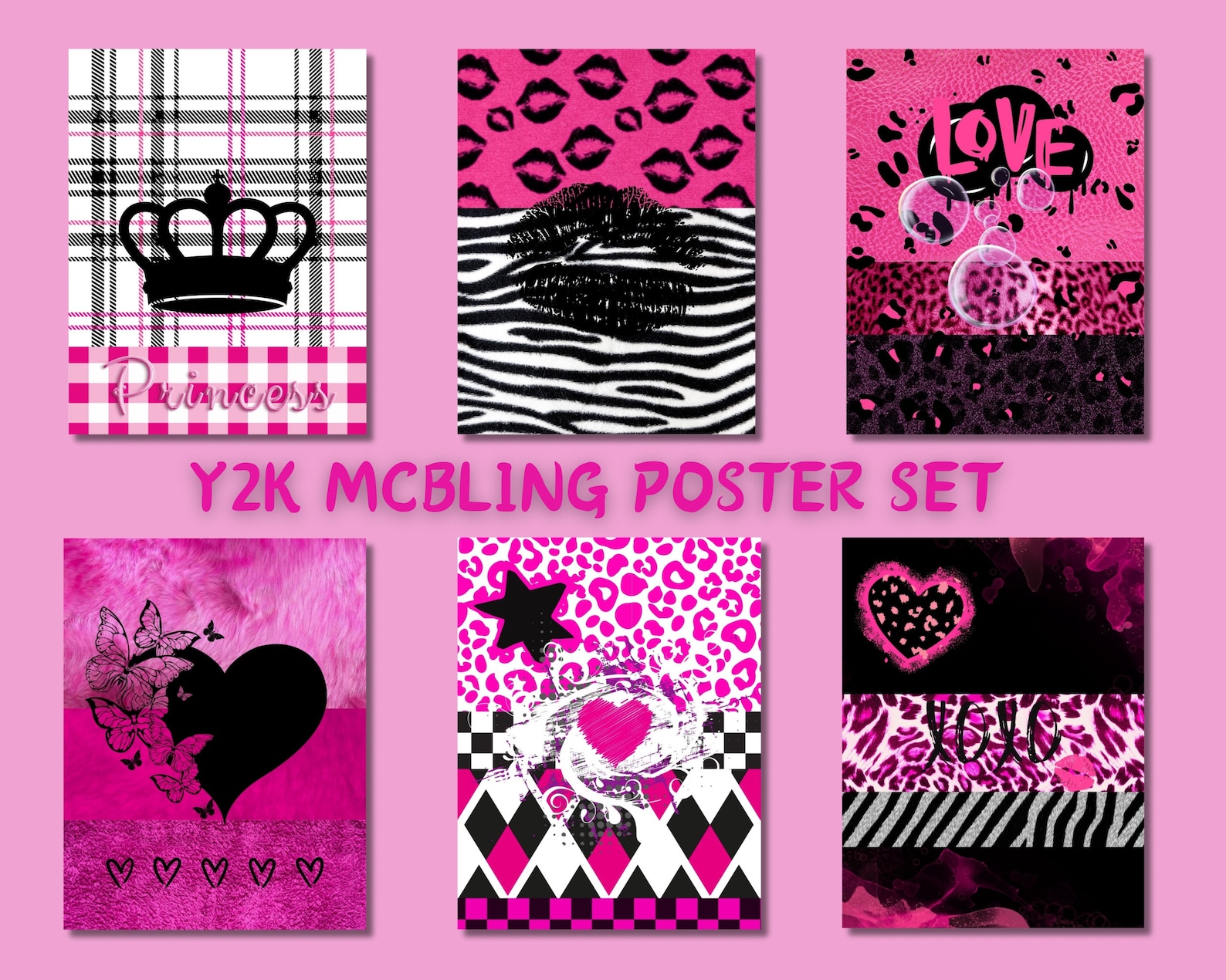 Y2k Mcbling Poster Set,y2k Poster,y2k Posters,pink Wall Art,y2k Wall ...