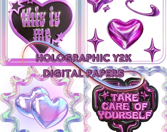 y2k holographic digital papers,holographic design,y2k pattern,y2k digital paper,holographic heart pattern,star pattern,y2k design