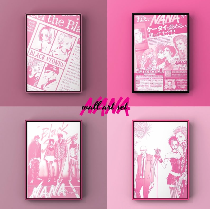 May include: A collection of four framed wall art prints in pink and white. The prints showcase manga-style illustrations and text, including "BLACK STONES" and "NANA." The prints are displayed on a pink wall, with the text "wall art set" in pink.