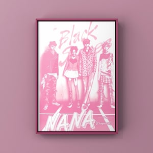May include: A framed pink print with a manga illustration of four figures. The print features the text "Black Stones" and "NANA [Chapter 39]" in white. The figures are dressed in diverse outfits, including a jacket, skirt, and patterned shirt.