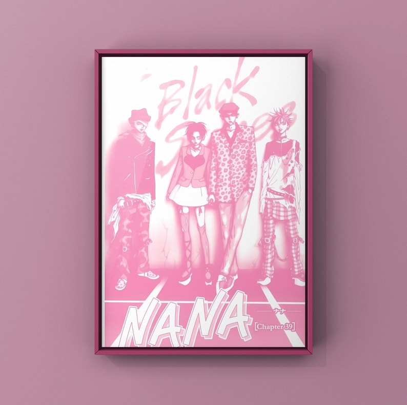 May include: A framed pink print with a manga illustration of four figures. The print features the text "Black Stones" and "NANA [Chapter 39]" in white. The figures are dressed in diverse outfits, including a jacket, skirt, and patterned shirt.