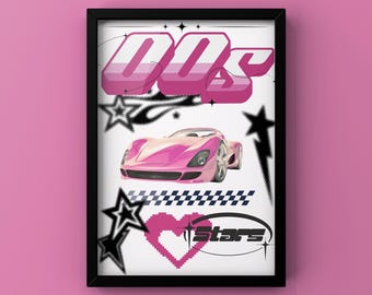 Y2k pink sports car poster,girly y2k poster,sport car art,pink car wall art,digital printable, 00s,y2k stars