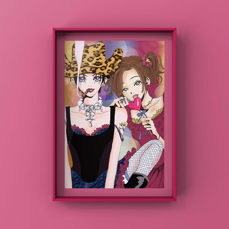 May include: Two anime characters, one wearing a leopard print cowboy hat and a black and blue dress, the other wearing a red and white dress with a heart-shaped lollipop.