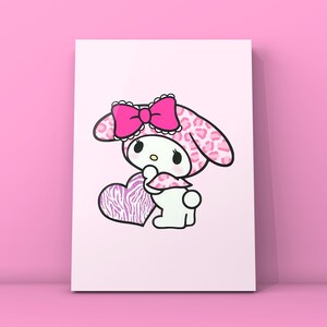 May include: A pink and white cartoon rabbit holding a pink and white heart with a zebra print. The rabbit is wearing a pink and white leopard print hat with a pink bow.