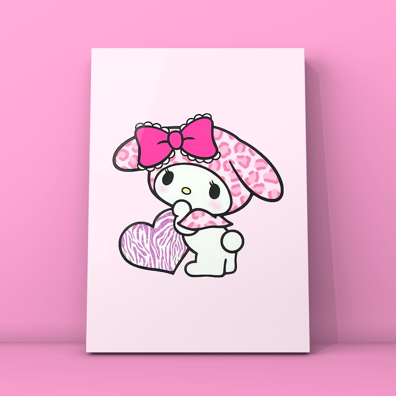May include: A pink and white cartoon rabbit holding a pink and white heart with a zebra print. The rabbit is wearing a pink and white leopard print hat with a pink bow.