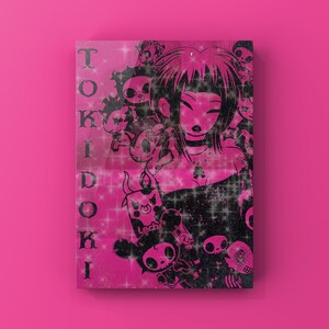 May include: A pink and black Tokidoki art print featuring a stylized female figure surrounded by cartoon characters. The artwork has a glittery effect and the word "Tokidoki" is vertically printed on the left side.