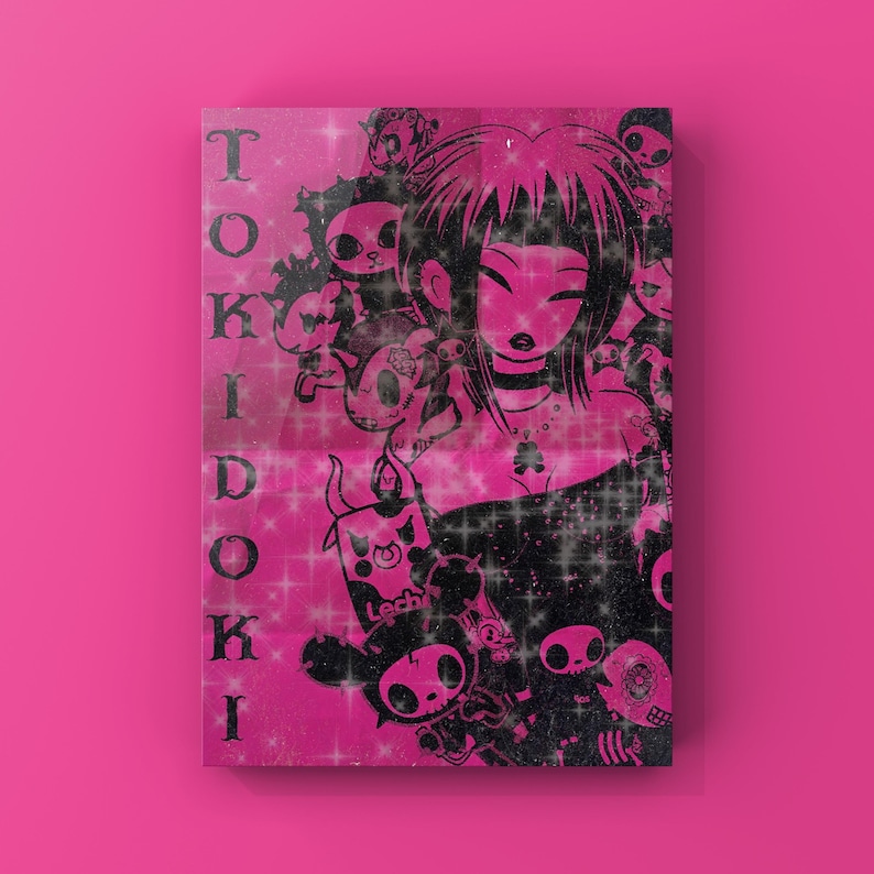May include: A pink and black Tokidoki art print featuring a stylized female figure surrounded by cartoon characters. The artwork has a glittery effect and the word "Tokidoki" is vertically printed on the left side.