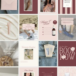 May include: A collage of images with a skincare theme. Includes a pink envelope with "CLIENT Love" text, a skincare routine guide, a woman taking a selfie, and product shots of serums and creams. The color palette is soft pinks and browns.