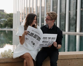 Engagement Newspaper Save the Date Template (Canva Editable)