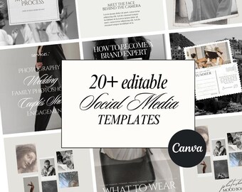 May include: A collage of social media templates with a neutral color palette. The central image reads "20+ editable Social Media TEMPLATES." Other images include text like "My Booking Process," "Meet the Face Behind the Camera," and "What to Wear."