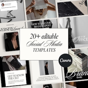 Peut inclure: Une collection de plus de 20 modèles de médias sociaux modifiables pour Canva. Les modèles présentent une variété de designs, y compris des styles noir et blanc, minimalistes et modernes. Le texte sur les modèles comprend des phrases comme "Business", "Comment devenir un expert en marque", "Apprenez à connaître le PDG" et "Services".