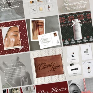 May include: A collage of beauty and skincare-themed images. Includes a "Gift Guide" layout with self-care items, a "Merry Christmas" graphic, and a "Client Love" leather patch. Also features product shots, spa hours, and skincare treatment information.