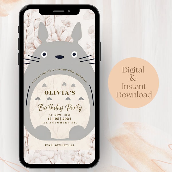 Totoro Birthday Invitation, Digital invite download, Editable customised invite, girls invite, cute invites