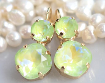 Lime Green Earrings Chartreuse Lemon Lime Cushion Cut AB Opal Austrian Crystals Rhinestone Iridescent Pale Green Wedding Bridal Prom Pageant