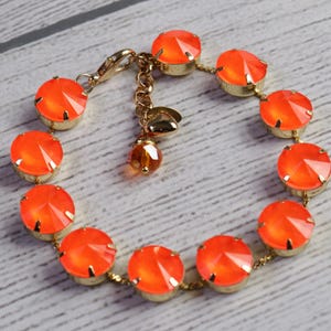 Neon Orange Crystal Bracelet Hyacinth Electric Orange Tangerine Rivoli Round Crystal Tennis Bracelet Silver Gold Prom Pageant Wedding Bridal