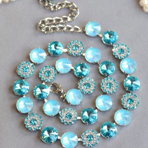 Aqua Blossom Necklace Blue Rivoli Crystal Tennis Rhinestone AB Blue Opal Round 12mm Opalescent Aquamarine Mother of Bride Groom Pageant