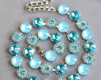 Aqua Blüte Halskette Blau Rivoli Kristall Tennis Strass AB Blau Opal Runde 12 mm Opalescent Aquamarine Mutter der Braut Bräutigam Festzug