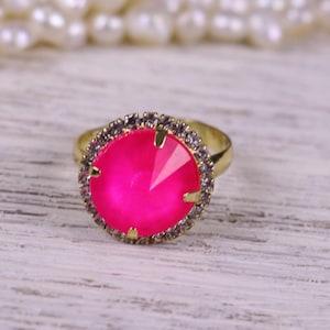 Hot Pink Ring Fuchsia Magenta Crystal Ring Adjustable Neon Round Rivoli Barbie Iridescent Electric Pink Fluorescent Rhinestones Gold Silver