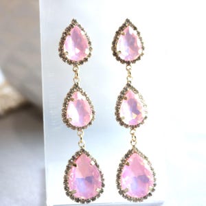 Rose Opal Pink Earrings AB Iridescent Pale Blush Pink Drop Teardrop Opalescent Aurora Borealis Posts Prom Pageant Wedding Bridal Rhinestones