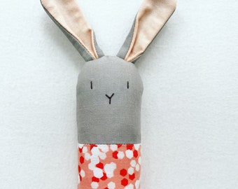 Gray and Coral Bunny Rattle - Soft Baby Toy