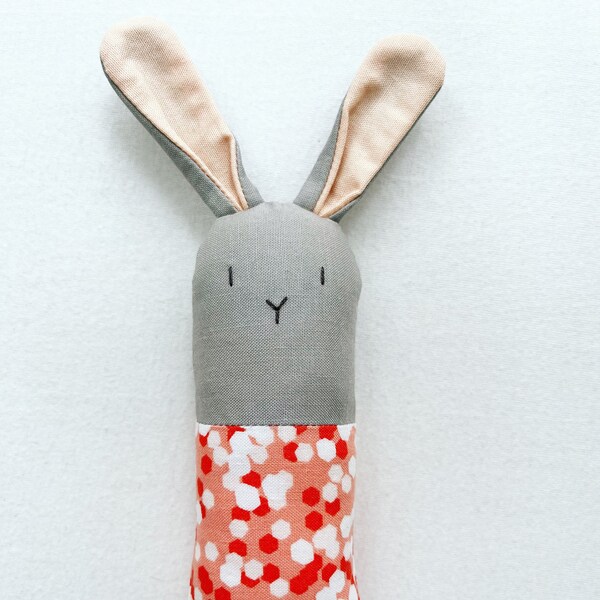 Gray and Coral Bunny Rattle - Soft Baby Toy