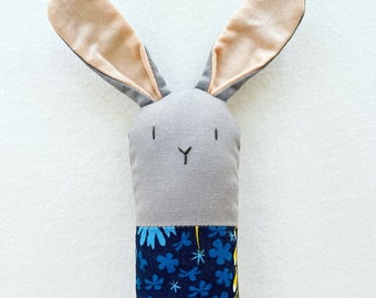 Blue Floral Bunny Rattle - Soft Baby Toy