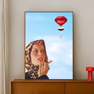 Cheetah Retro Lady, Espresso Martini Cocktail, NATYCHMIASTOWE POBIERANIE CYFROWE, Balon na gorące powietrze Red Lips, Wydruk plakatu, Galeria sztuki ściennej, Wózek barowy
