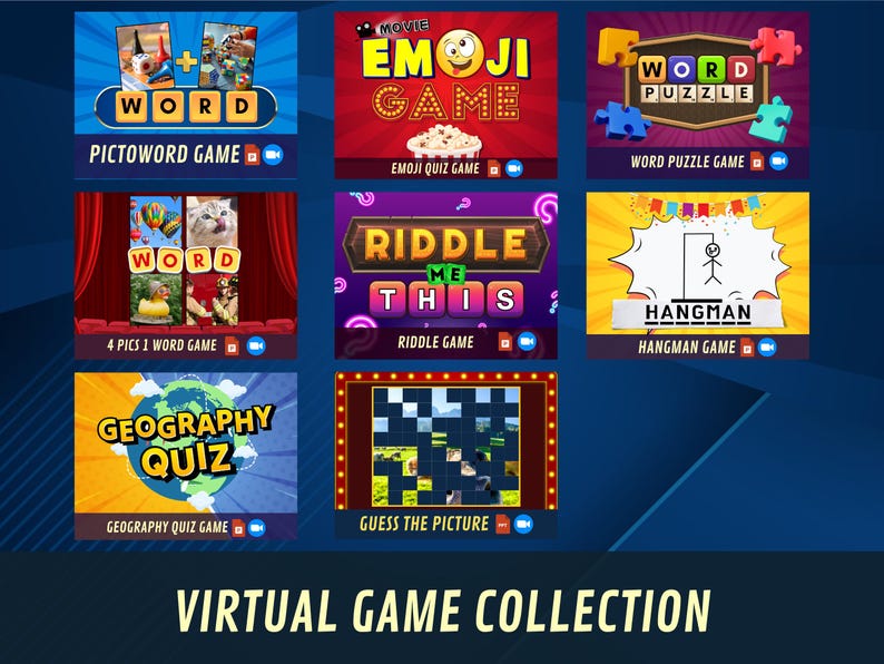 May include: A collage of nine colorful game icons with titles like "Pictoword Game", "Emoji Quiz Game", "Word Puzzle Game", "4 Pics 1 Word Game", "Riddle Me This", "Hangman Game", "Geography Quiz Game", "Guess the Picture", and "Virtual Game Collection".
