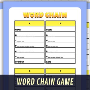 WORD CHAIN-spel, afdrukbaar kettingreactiespel, woordspel, quiz, groepsspel, teambuilding, familie-avond, verjaardagsfeestje, klasspel