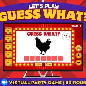 Puede incluir: Una pantalla de ordenador que muestra un juego de fiesta virtual llamado "Adivina qué?" con una silueta de un pollo. El juego tiene un temporizador, una tabla de puntuaciones y botones para "Mostrar respuesta" y "Restablecer puntuaciones". El texto "Juguemos a Adivina qué?" se muestra en la parte superior de la pantalla. El texto "JUEGO DE FIESTA VIRTUAL | 50 RONDAS" se muestra en la parte inferior de la pantalla.