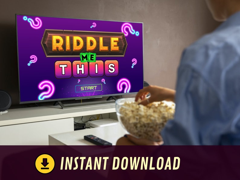 May include: A television screen displaying a game called "Riddle Me This" with a purple background and neon pink question marks. The game has a wooden sign with the words "Riddle Me This" in gold letters. The game has a "Start" button.