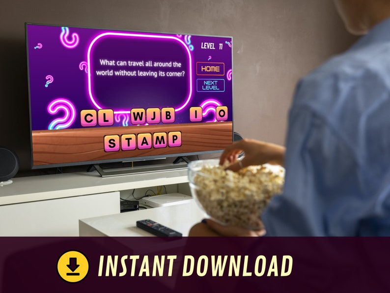 May include: A person playing a word game on a television screen. The game asks "What can travel all around the world without leaving its corner?" The answer choices are "CLWJB" and "STAMP". The game is on level 11. The person is holding a bowl of popcorn.