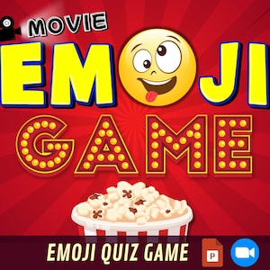 May include: A red and yellow graphic with the text "MOVIE EMOJI GAME" in a bold font. A yellow emoji with a wide smile and tongue sticking out is in the center of the graphic. The text "EMOJI QUIZ GAME" is at the bottom of the graphic.