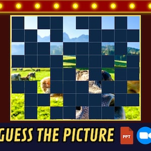May include: A pixelated image puzzle of a cow in a field. The puzzle is made up of blue squares with a few squares showing the cow and the field. The text "GUESS THE PICTURE" is at the bottom of the image.