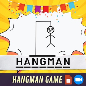 May include: A yellow background with a white speech bubble containing a stick figure hanging from a noose. The speech bubble has a black border and a torn edge. The text "HANGMAN" is written in black letters on a white background below the speech bubble. The text "HANGMAN GAME" is written in black letters on a purple background below the speech bubble. A PowerPoint icon and a Zoom icon are to the right of the text.
