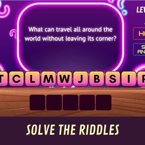 May include: A neon pink and purple game screen with the text "What can travel all around the world without leaving its corner?" and the answer "A stamp" in a word puzzle format. The game is called "Solve the Riddles" and is at level 11.