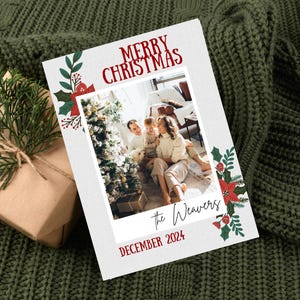 Modèle de carte de Noël modifiable, carte de voeux de vacances avec poinsettia, électronique ou imprimable, téléchargement numérique de carte photo de famille, toile