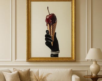 Cherry Drip Pop Art Print – Bold Ice Cream Cone with Black Glove & Diamonds | Edgy Glam Wall Art, Modern Fashion Poster, Gallery Statement