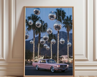 Retro Convertible Wall Art Print | Palm Springs Disco Ball Aesthetic | 70s Glam Digital Download | Vintage Car Print | Y2K Wall Decor