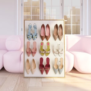 Flat lay illustration of nine pairs of colorful women’s heels arranged in a grid, including floral, pointed-toe, and bow designs – feminine fashion wall art print