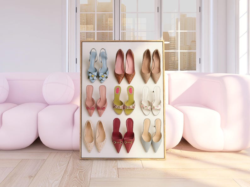Flat lay illustration of nine pairs of colorful women’s heels arranged in a grid, including floral, pointed-toe, and bow designs – feminine fashion wall art print