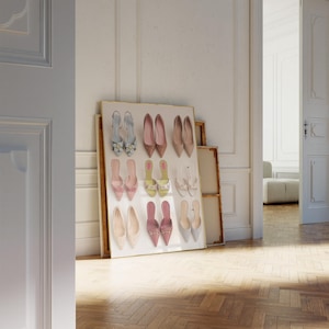 Flat lay illustration of nine pairs of colorful women’s heels arranged in a grid, including floral, pointed-toe, and bow designs – feminine fashion wall art print