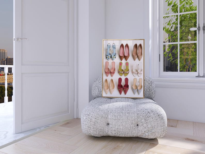 Flat lay illustration of nine pairs of colorful women’s heels arranged in a grid, including floral, pointed-toe, and bow designs – feminine fashion wall art print
